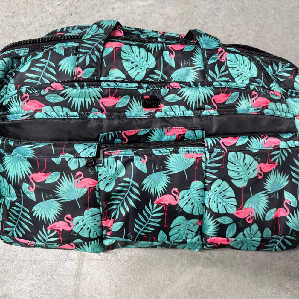 LUG Black Travel Bag with Pink Flamingo & Teal Leaf Print NEW